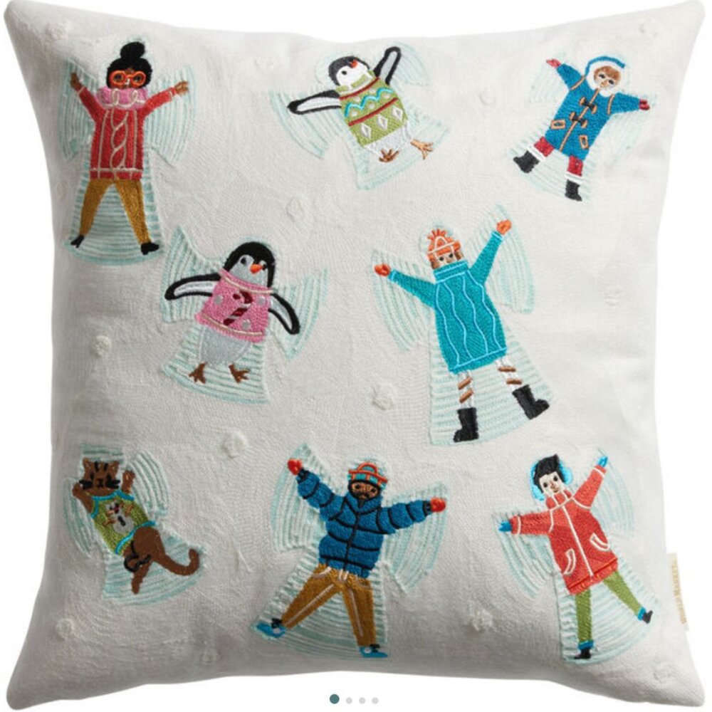 Embroidered Snow Angels Winter Throw Pillow - Ivory- NWT